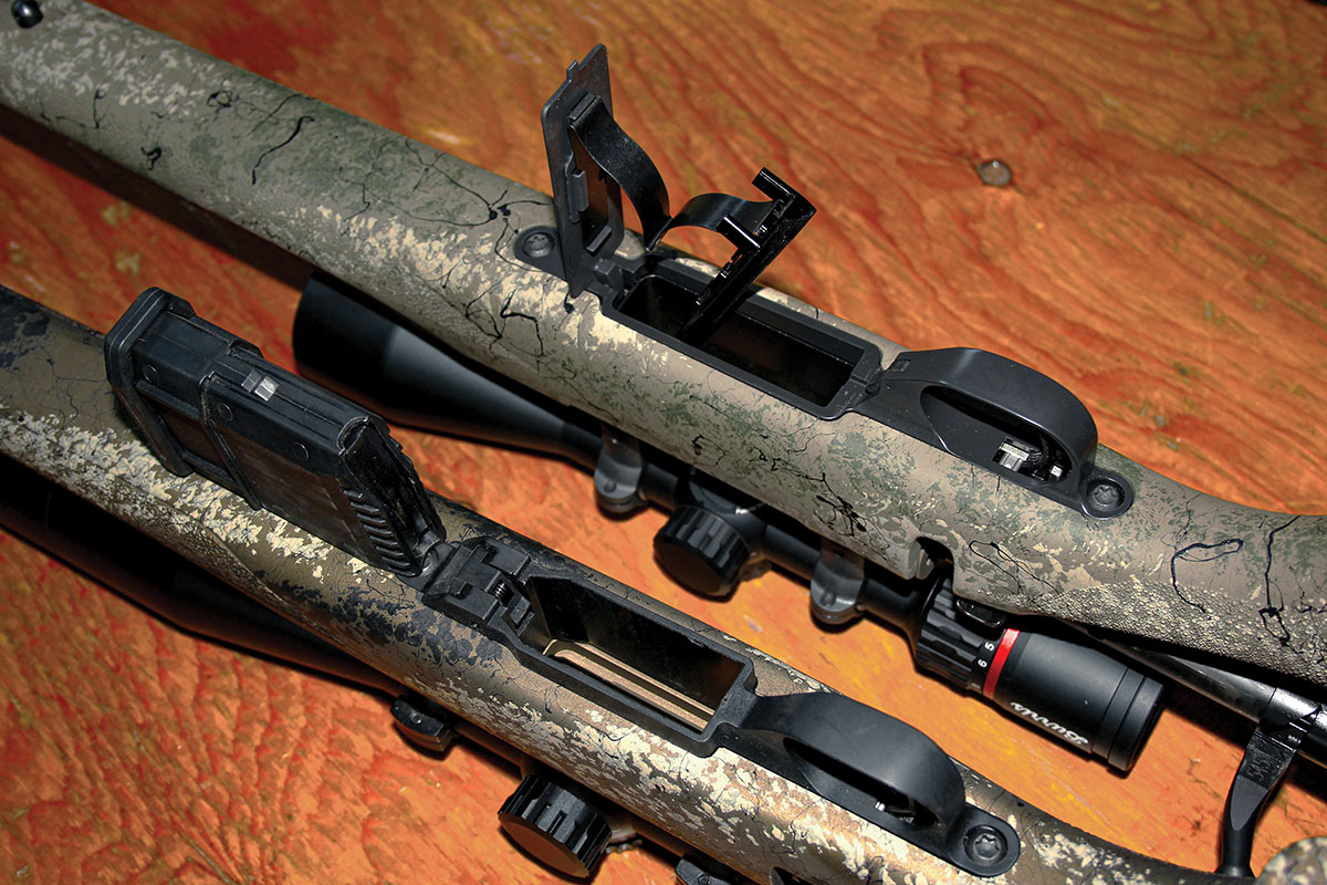 Shown opened/detached, the Fence Line Mini Action (bottom) includes Howa’s proprietary detachable polymer magazine system, while short and long actions (top) include a milled-aluminum hinged floor plate magazine.